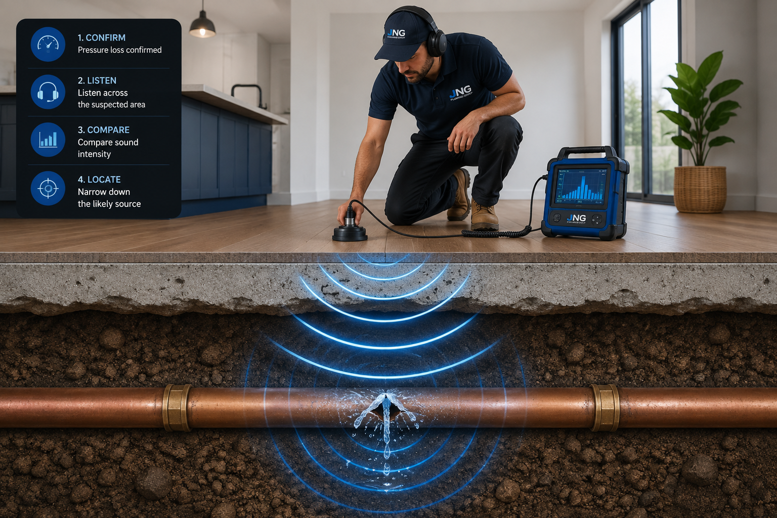 Diagram showing acoustic equipment locating a concealed leaking water pipe beneath a floor