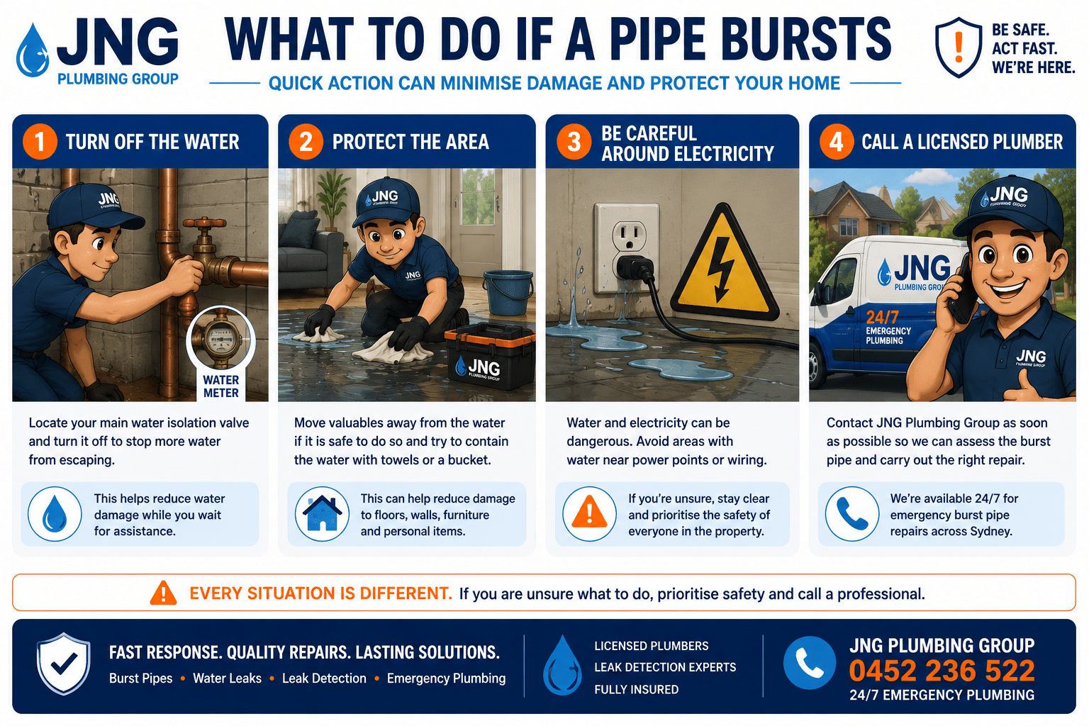 JNG Plumbing Group burst pipe emergency steps diagram