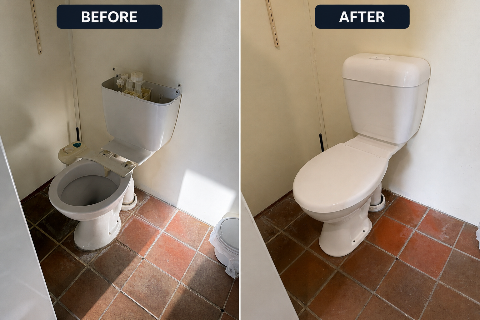 Bathroom freshen up before and after with new toilet installation by JNG Plumbing Group